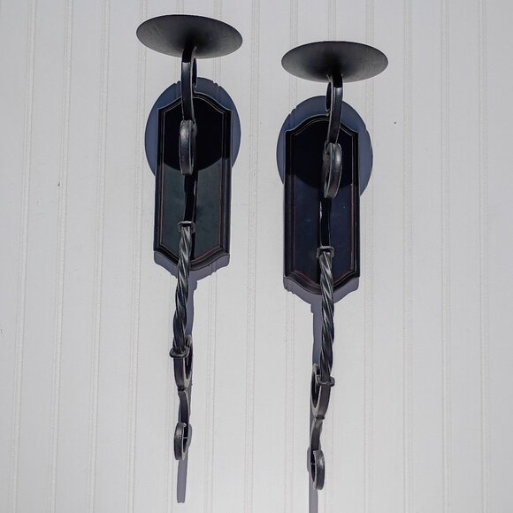 Black Wrought Iron Wall Sconce Pair Pillar Candle Holders Sconces Twisted Scroll - Picture 2 of 14